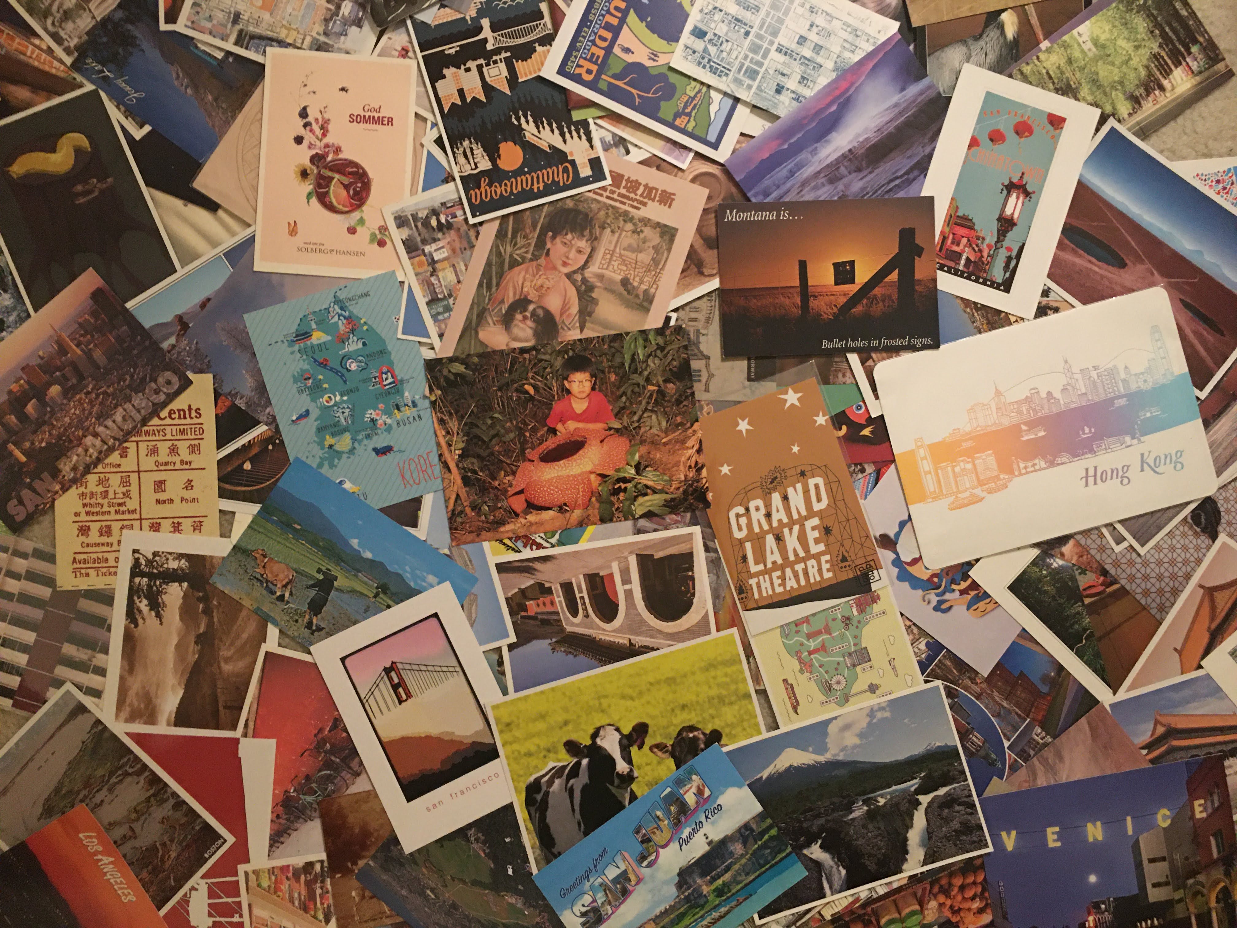 picture of my postcard collection sprawled on the floor